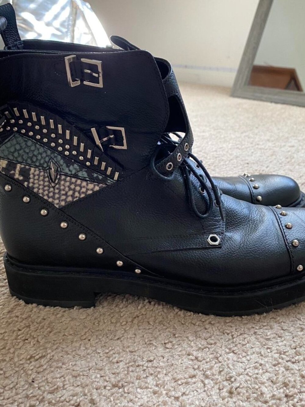 Fendi Black Leather Silver Studded Biker Boots Size 41 (US 11 )
